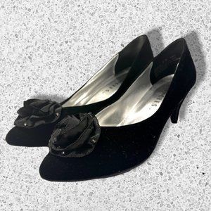 Black Velvet Vintage 80s Pointed Toe Kitten Heels with Rhinestones & Rosettes